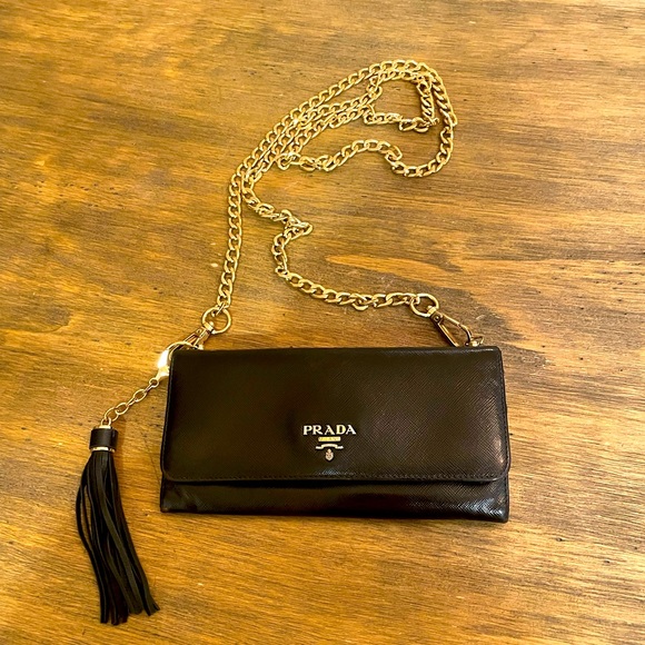 Prada Handbags - Prada Saffiano Black Leather Wallet on Chain Crossbody Gold Charm Leather Milano